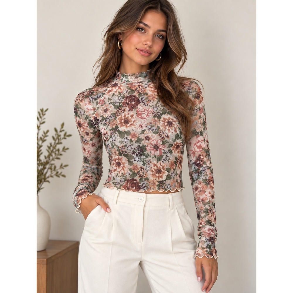 Promesa Top Womens M Floral Mesh Sheer Crop Mock Neck Thumbhole Y2K